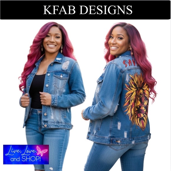 KFab Designs Jackets & Blazers - JACKET: “SAVAGE “ Lion Print Button-Down Denim Jean, EUC